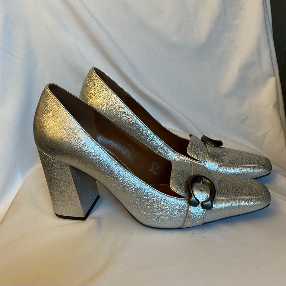 COACH 85 mm Jade Pump metallic Silver square toes loafers size 10 GUC